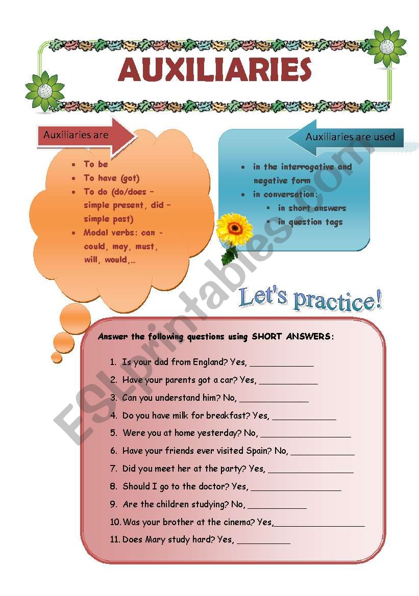 AUXILIARIES worksheet