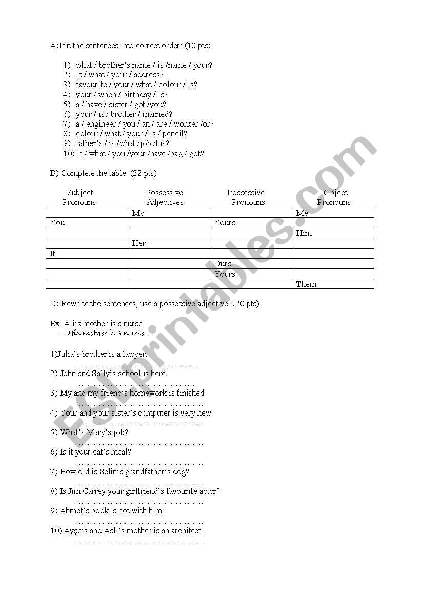 Possessives for young/adults worksheet