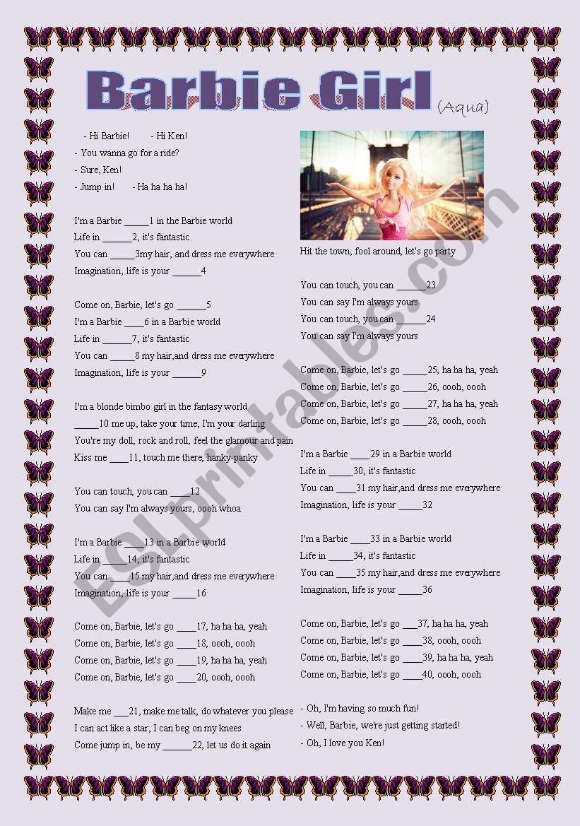 barbie girl lyrics ESL worksheet by blancamendez