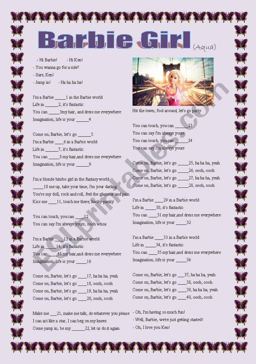 Barbie Girl Lyrics Esl Worksheet By Blancamendez