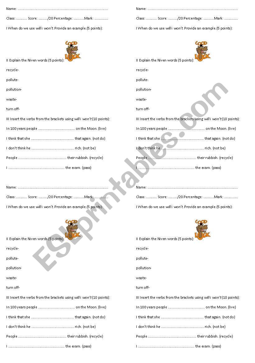 Will & wont quiz worksheet