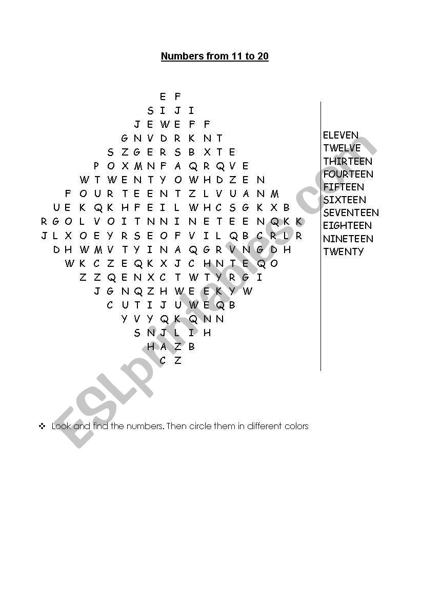 Numbers from1 to 11 worksheet