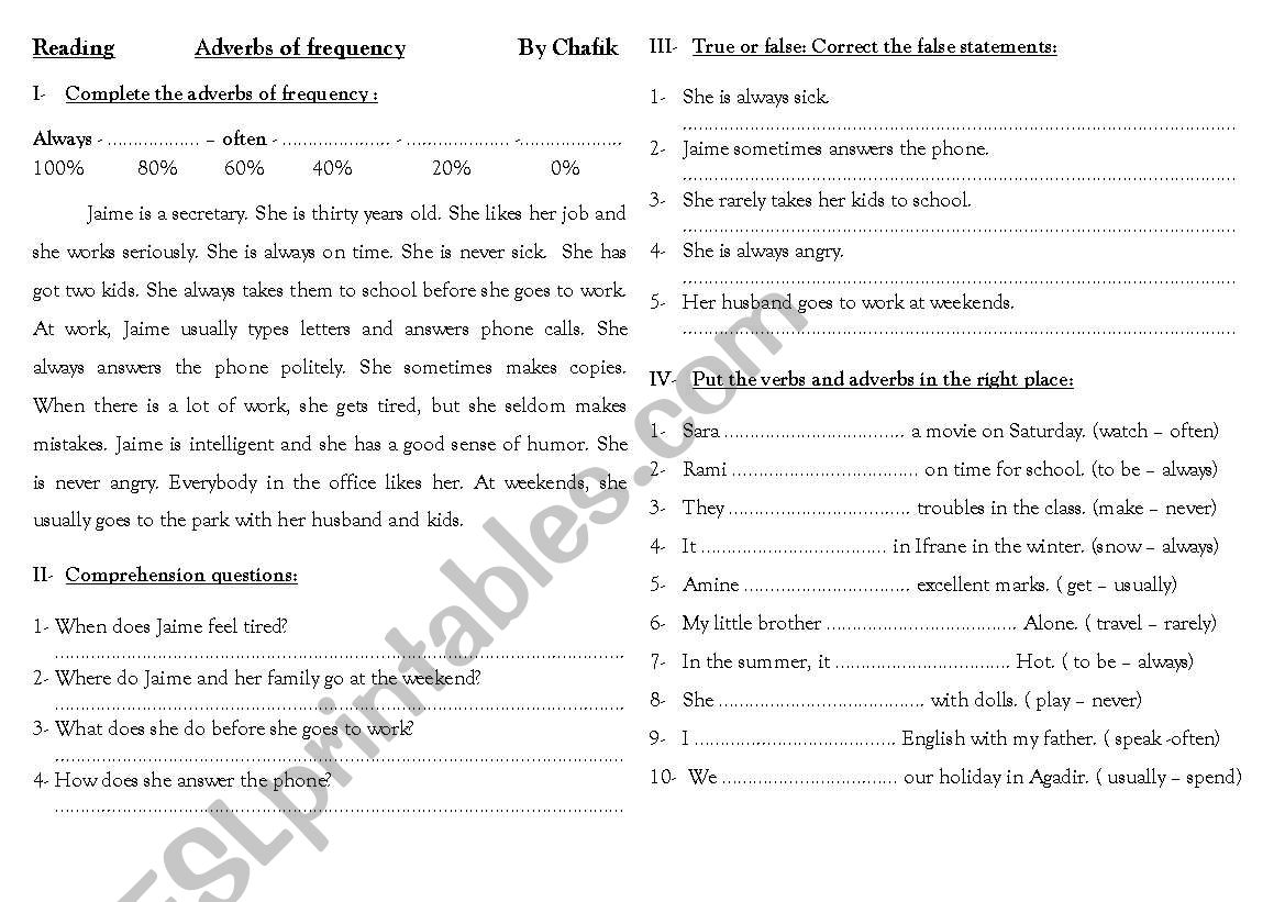 Reading: Adverbs of frequency worksheet