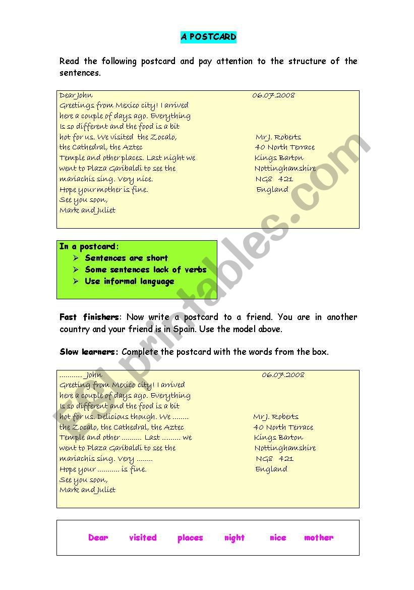 A POSTCARD worksheet