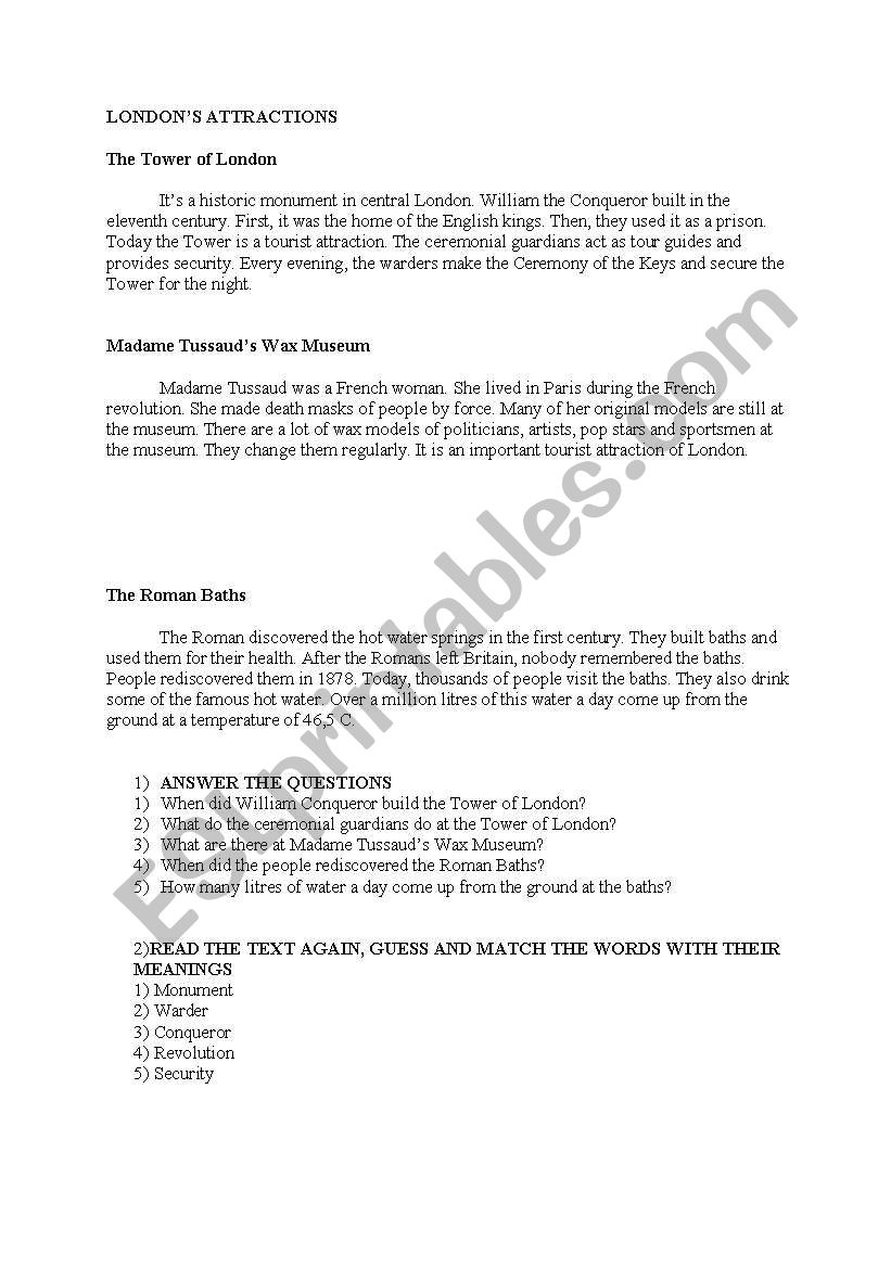 LONDONS ATTRACTIONS worksheet