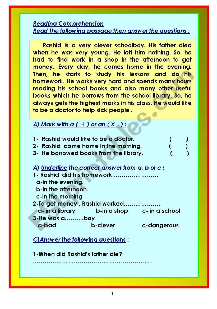 Reading comprehension tests. 10 tests according to UAE (MOE) criteria.
