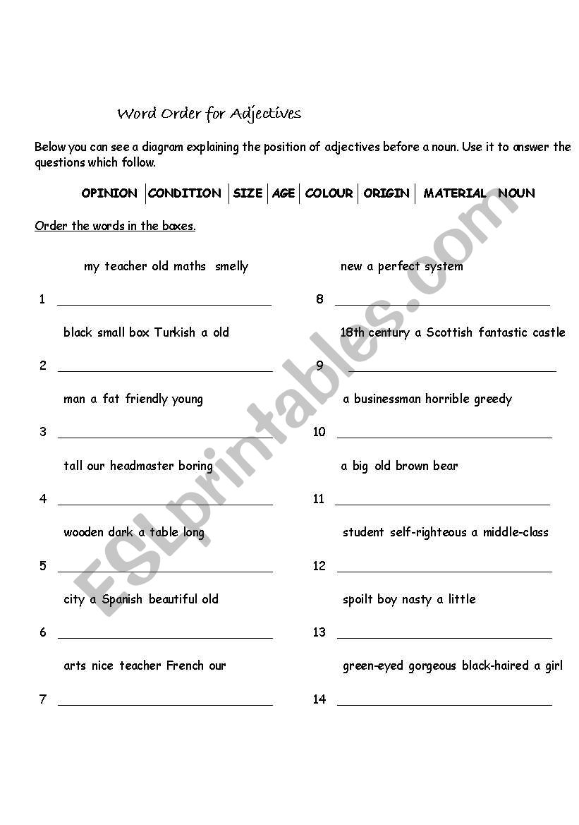 order of adjectives worksheet