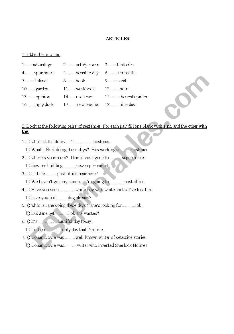 Articles (a/an/the) worksheet
