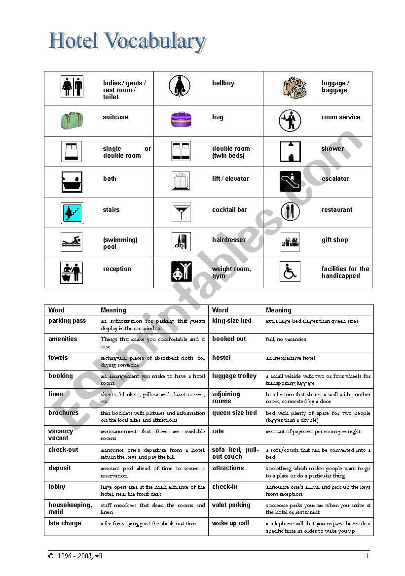 Hotel Vocabulary worksheet