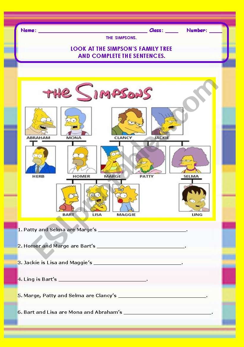 THE SIMPSONS FAMILY TREE - 2 PAGES - 22 SENTENCES