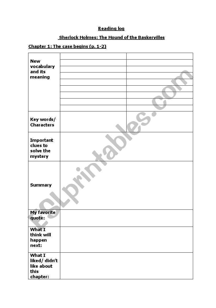 Grid for reading log worksheet