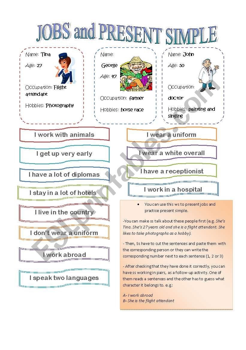 JOBS and PRESENT SIMPLE worksheet