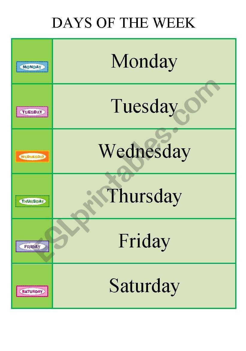 Flashcards - days of the week worksheet