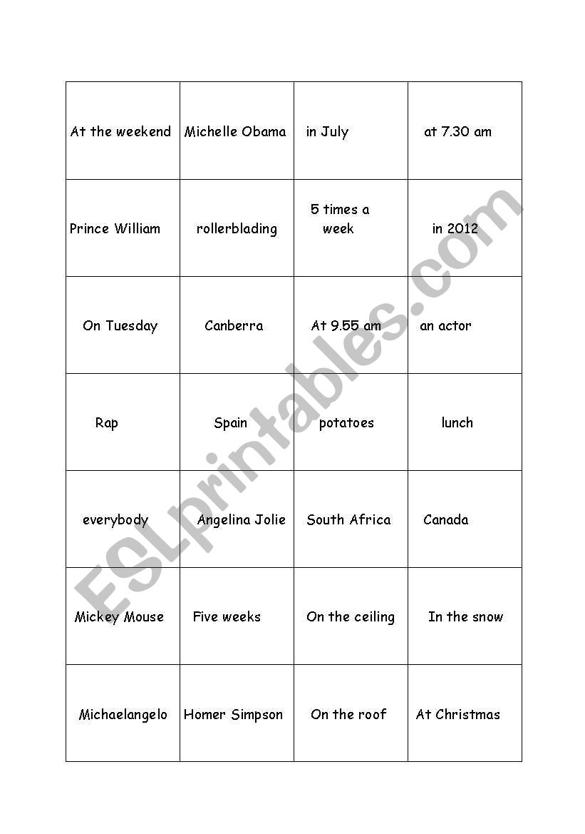 Questions game worksheet