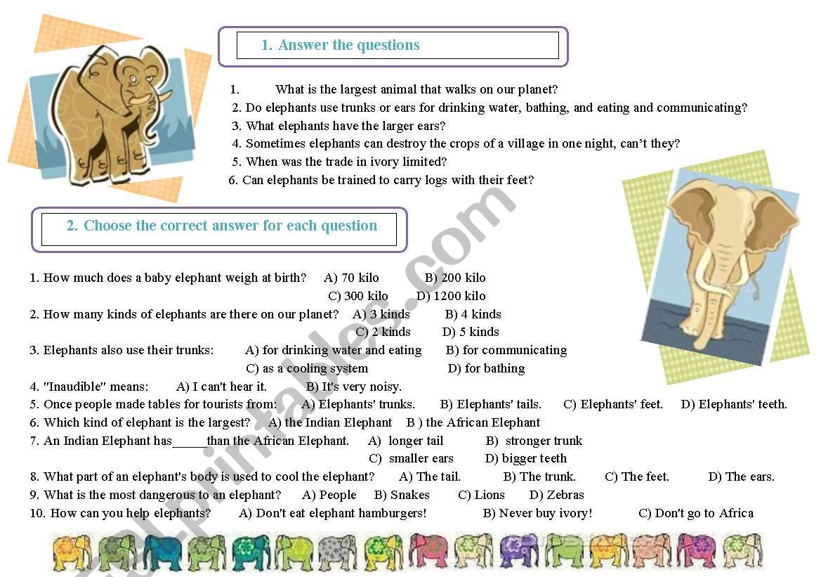 Elephants. Tasks worksheet