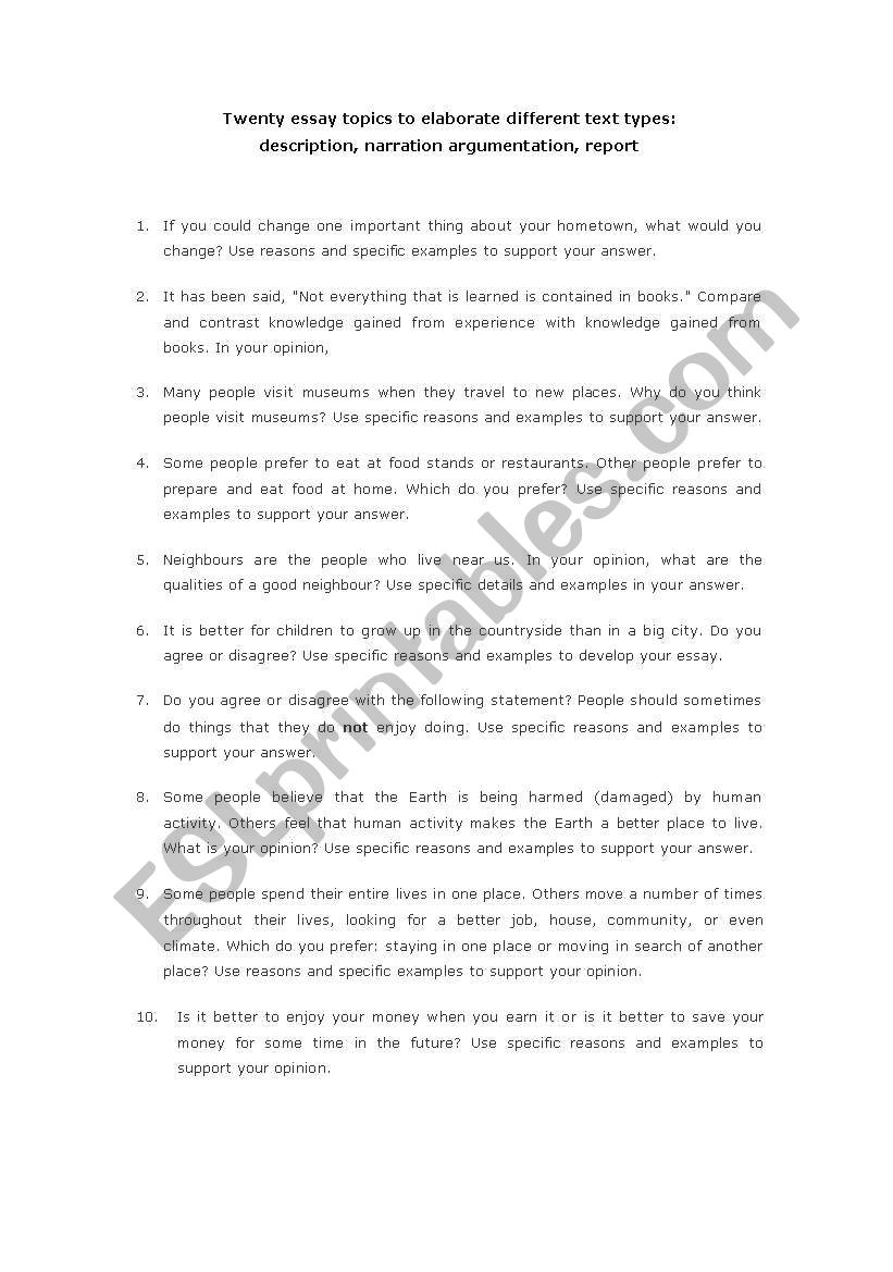 Essay topics II worksheet