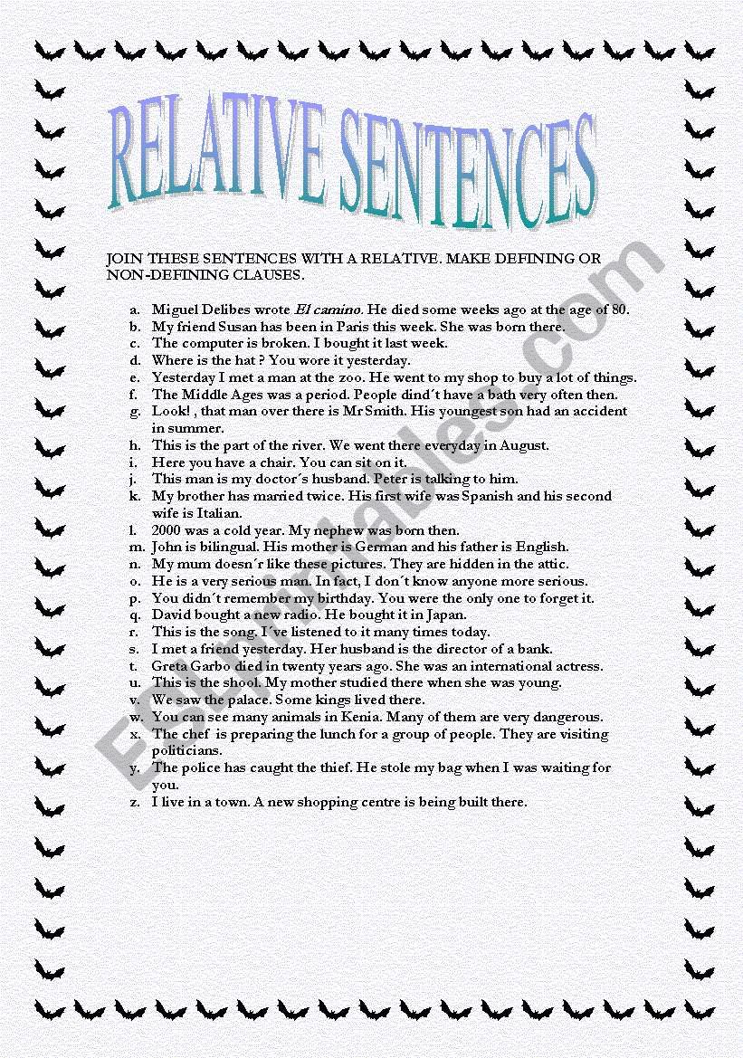 Relative sentences  worksheet