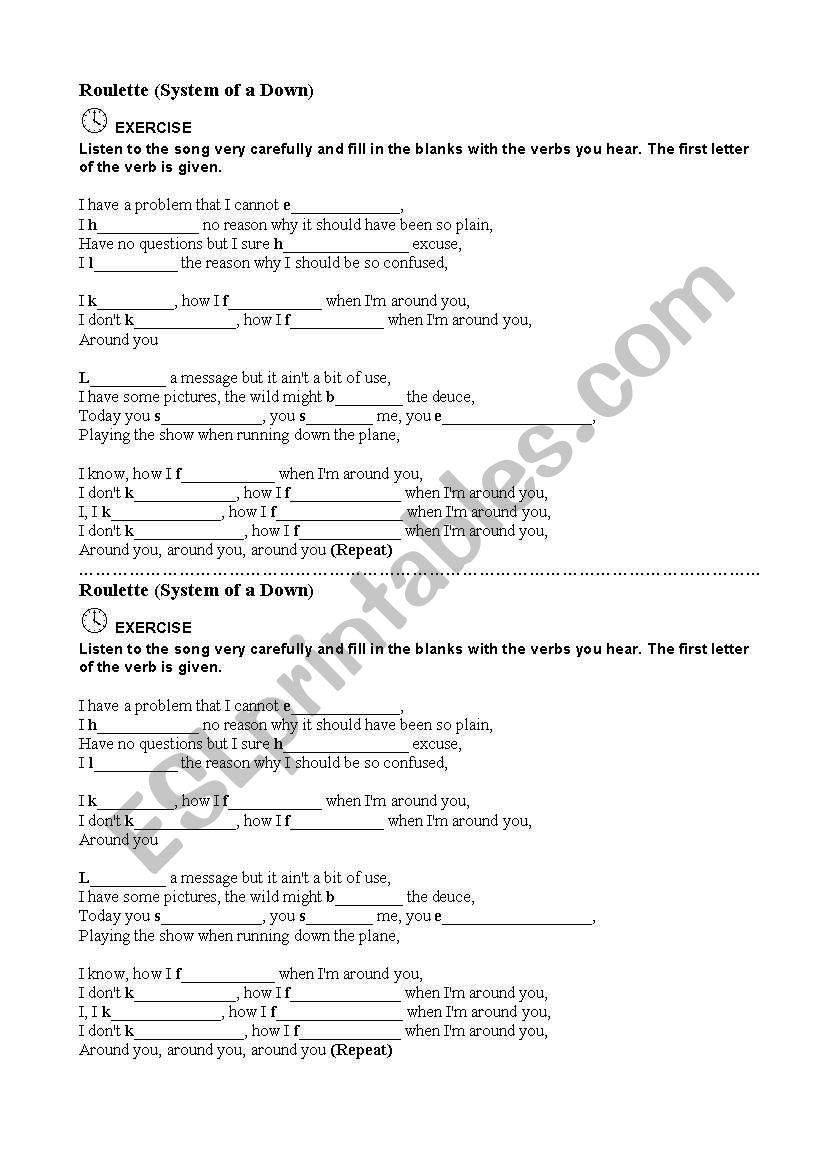 Roulette by System of a Down worksheet