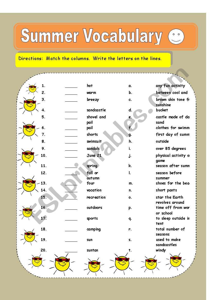 Summer Vobabulary worksheet