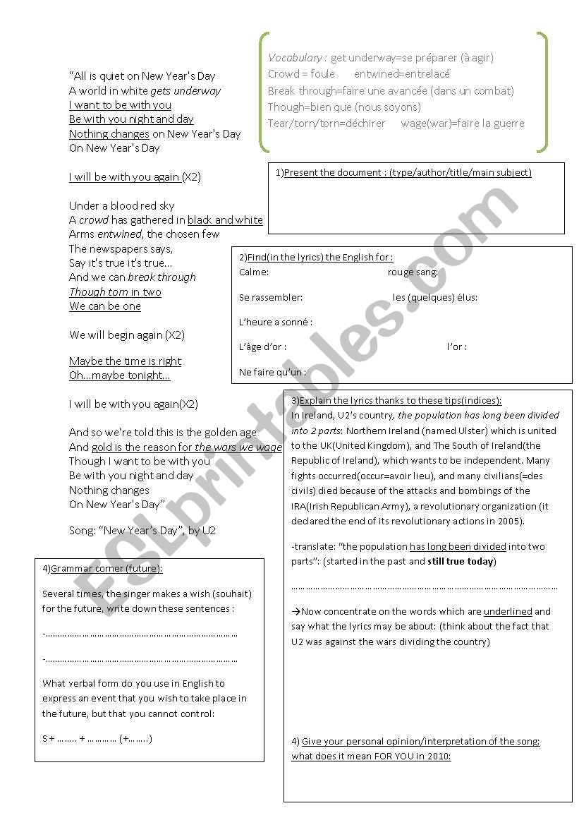 U2 new years day worksheet