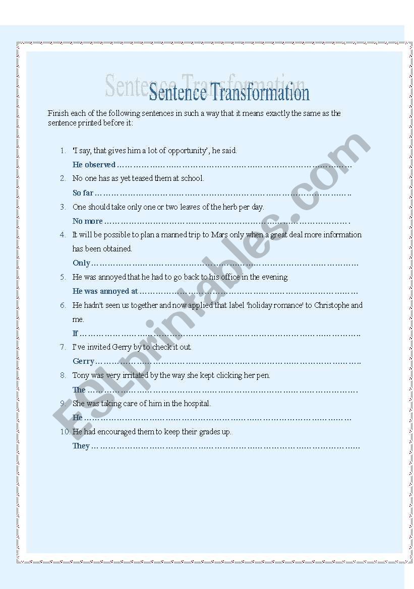 Sentence Transformation worksheet