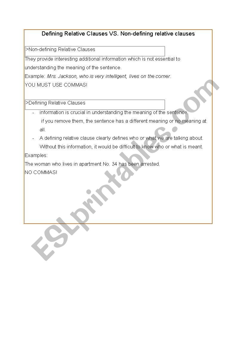 defining VS non-defining worksheet