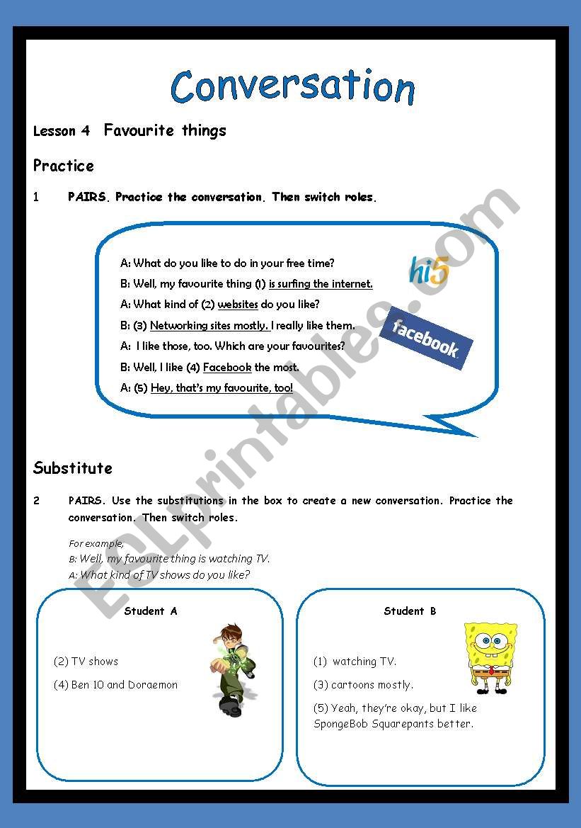 Conversation: Lesson 4 - Favourite things (3 PAGES) includes teachers guide