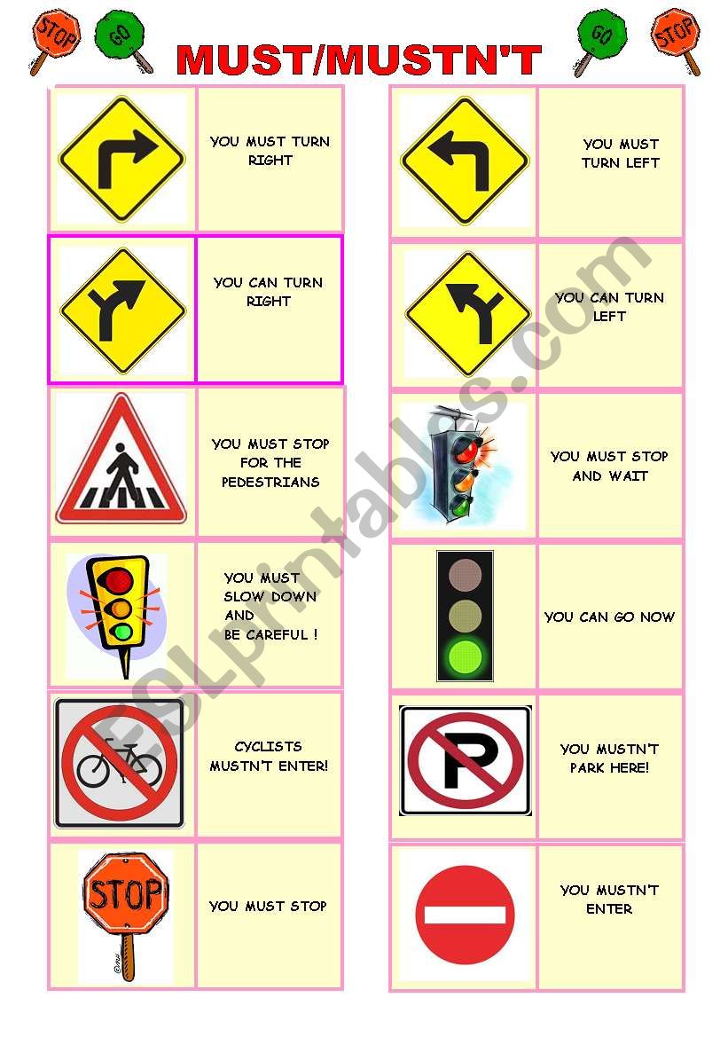 must / mustnt traffic rules pictionary
