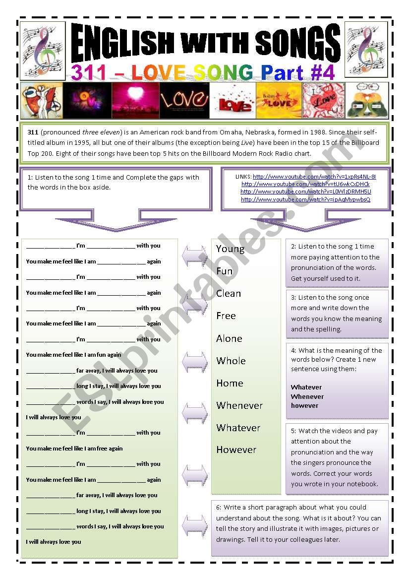 ENGLISH WITH SONGS #4# - (5 pages) - 311 - I will always love you (Love song by The cure) whenever, whatever, however with 7 activities + 3 Extra Activities in a Theatre scene + Links