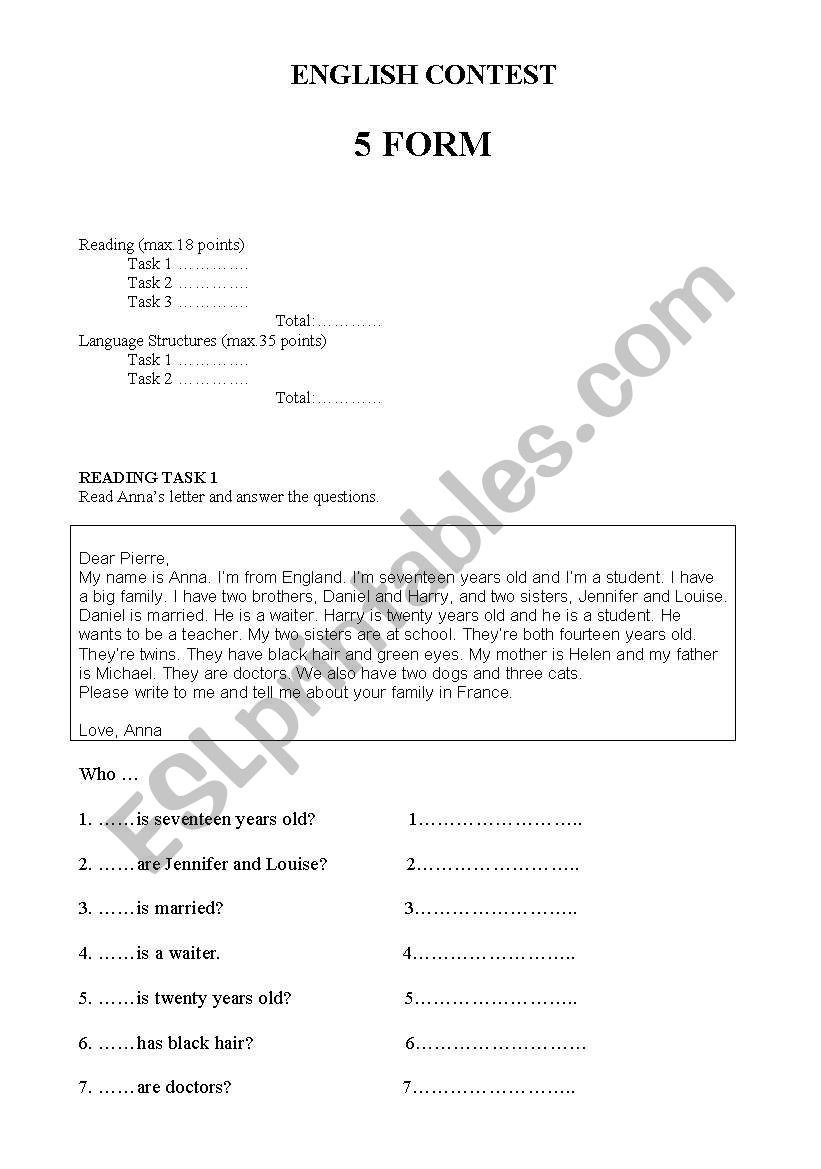 English Contest 5 form    worksheet