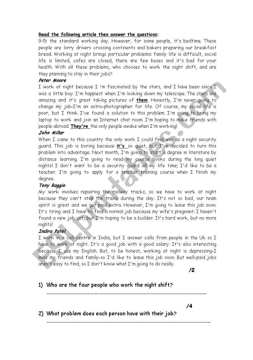 Reading Comprehension worksheet