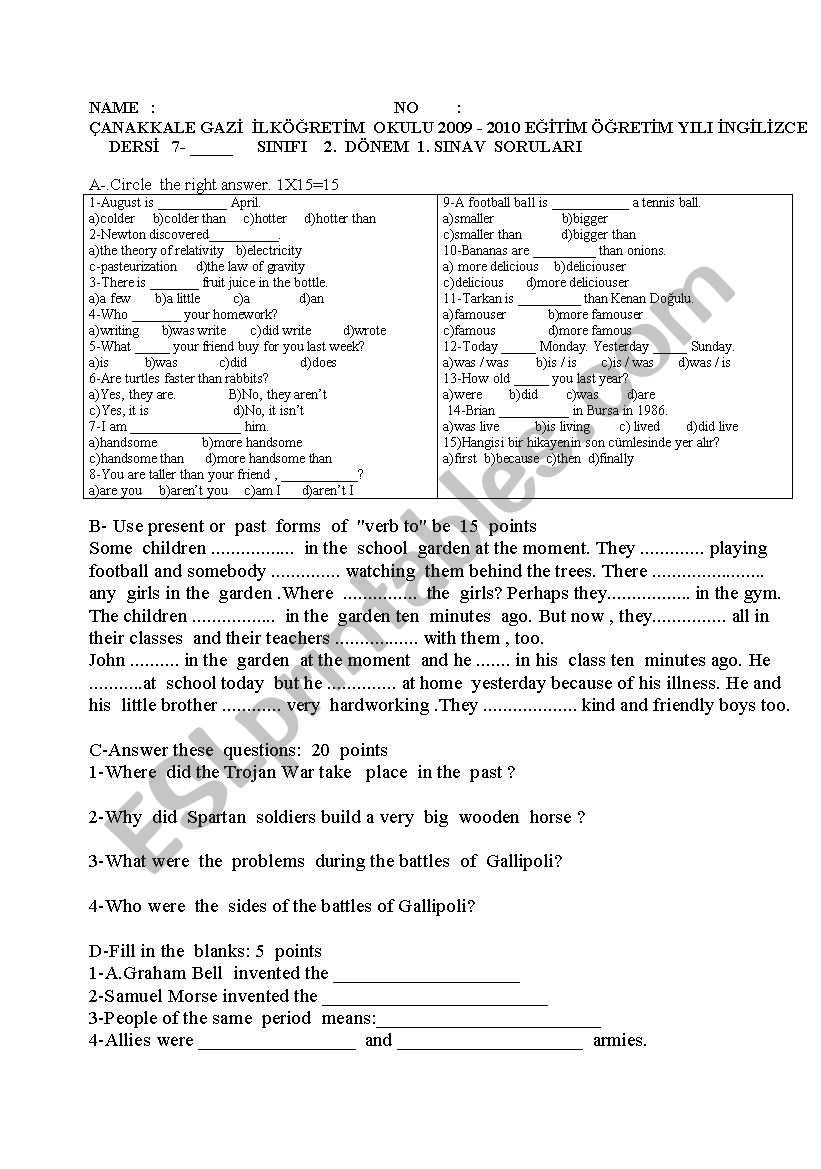 Examination worksheet