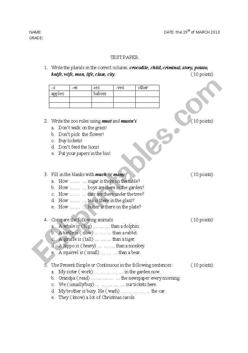 Test Paper worksheet