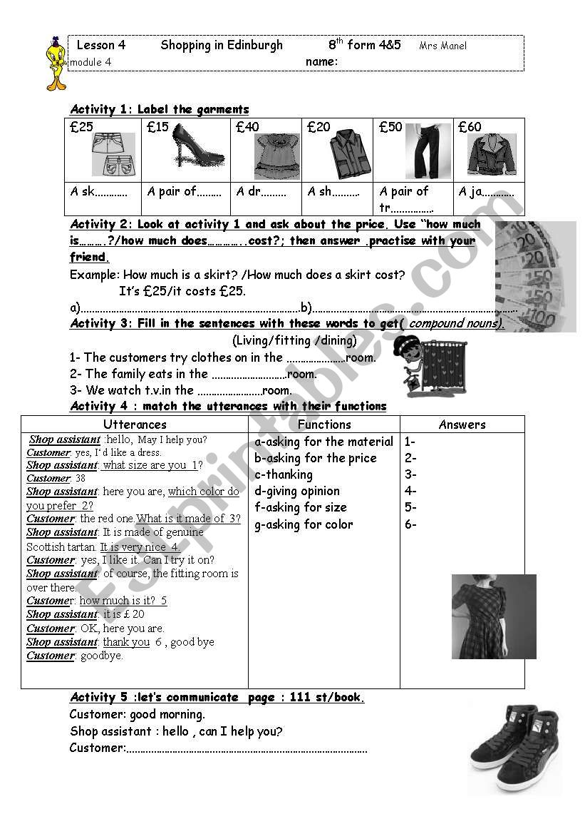 shopping in Edinburgh worksheet