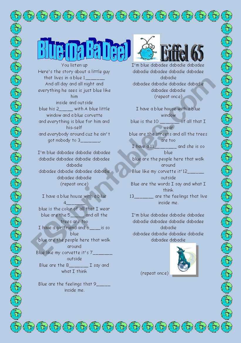 Blue dabadee song worksheet