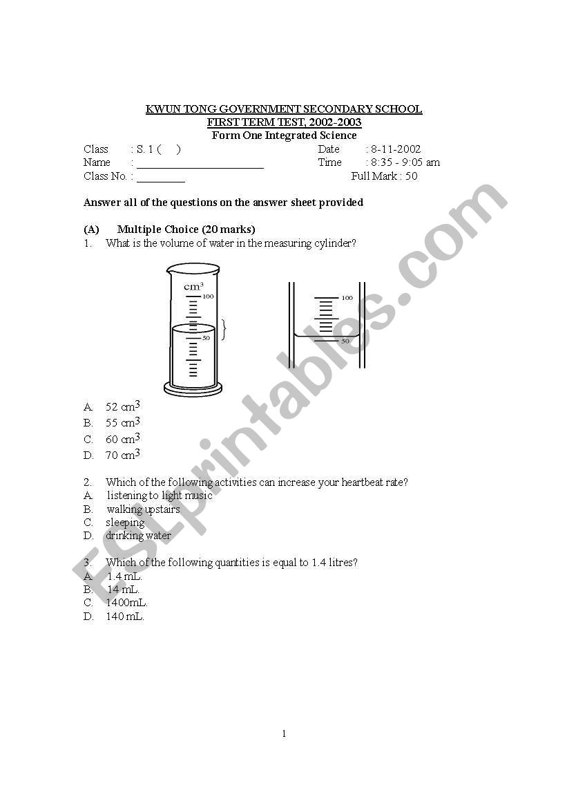Science test for secondary students