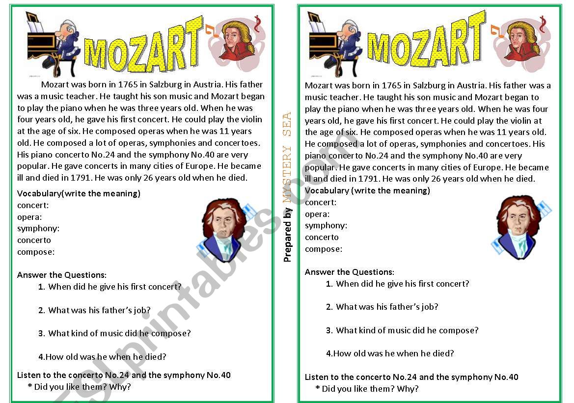 Mozart - reading worksheet