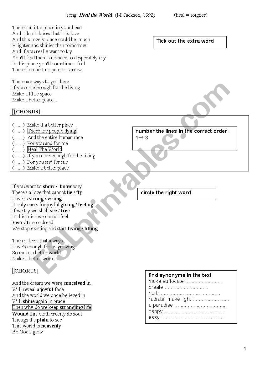 heal the world worksheet