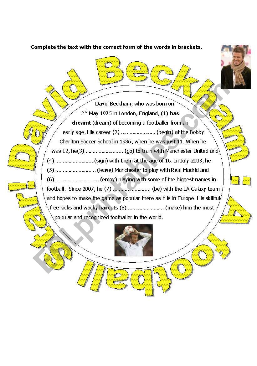 A text about David Beckham worksheet