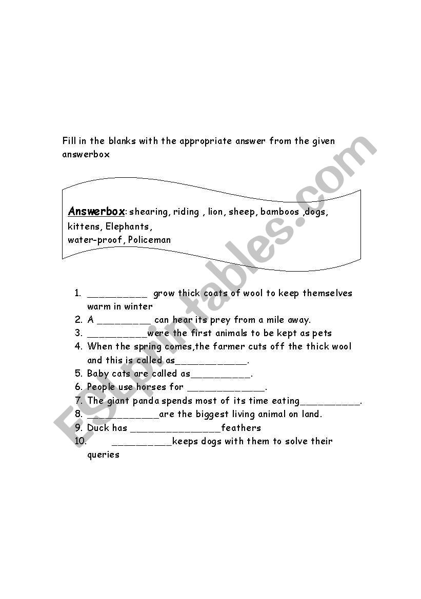 ANIMAL WORKSHEET worksheet