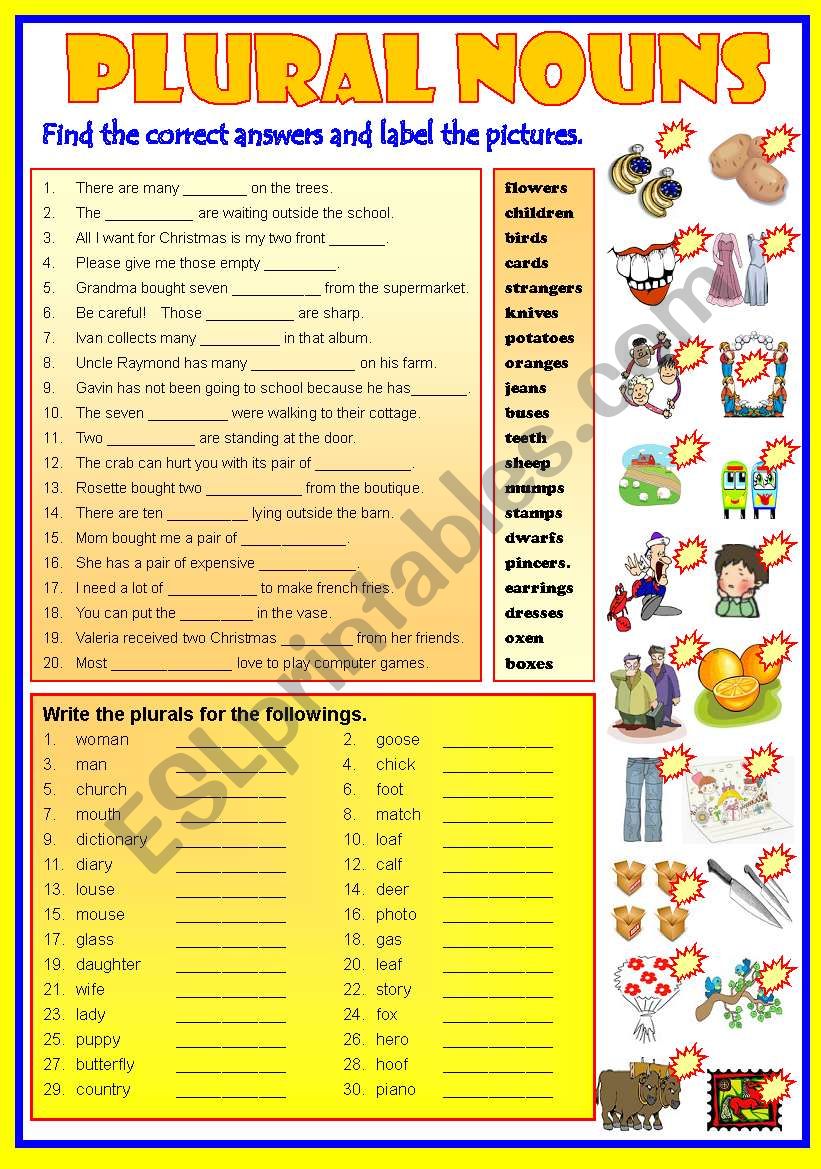 PLURAL NOUNS   -  B/W & Keys worksheet