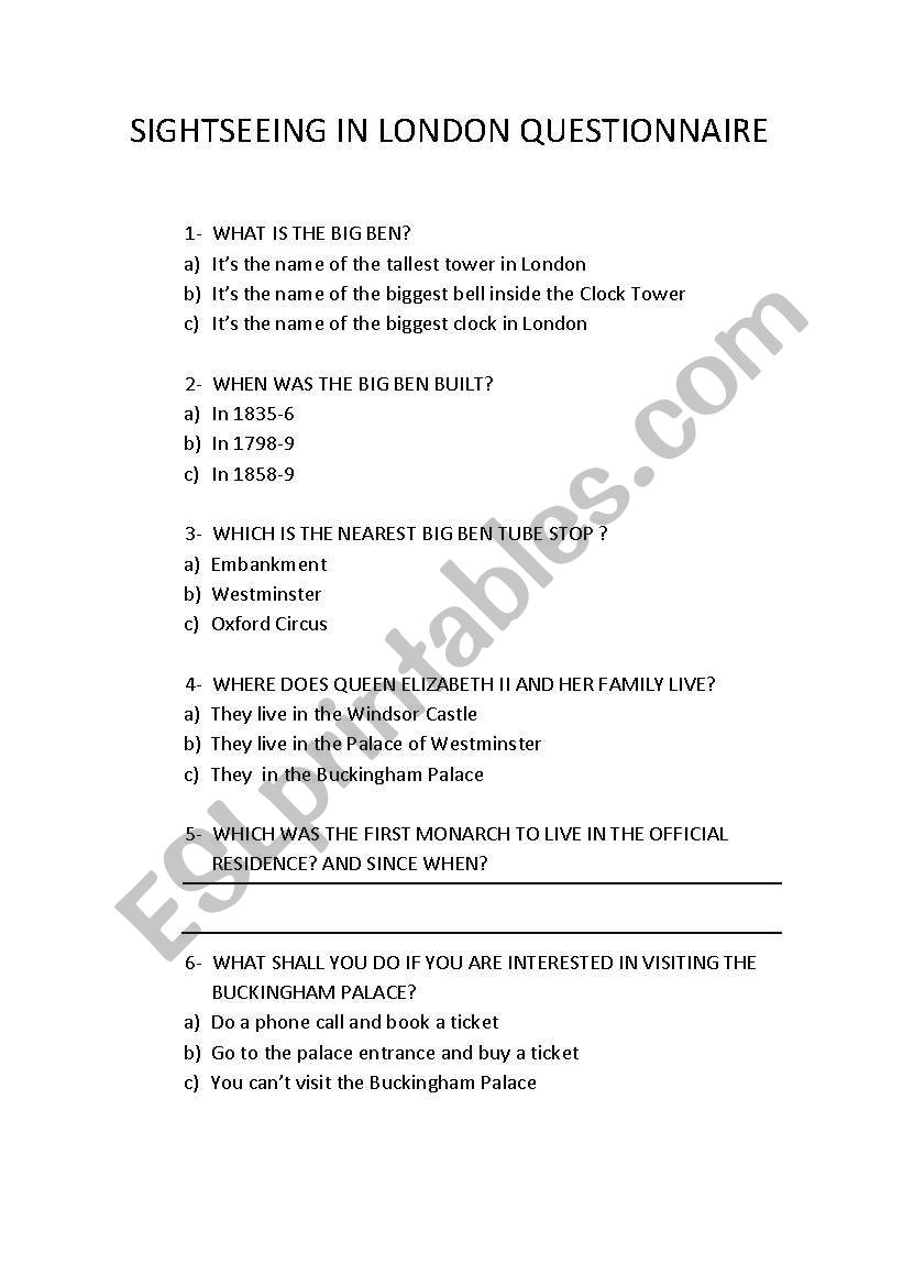 SIGHTSEEING IN LONDON worksheet