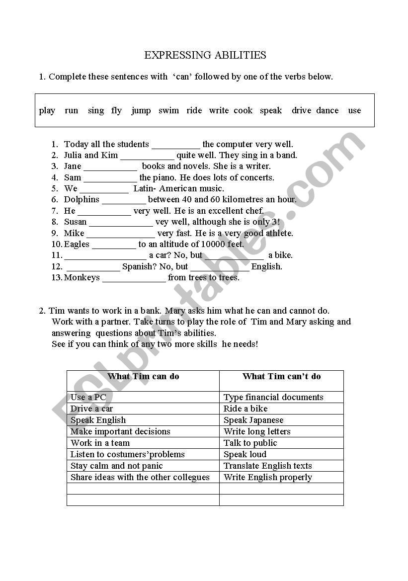 use of can worksheet