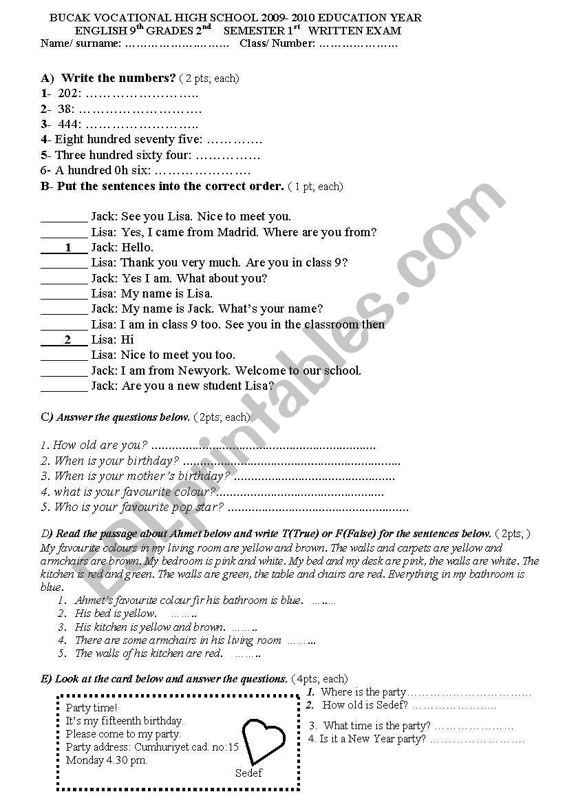 test worksheet