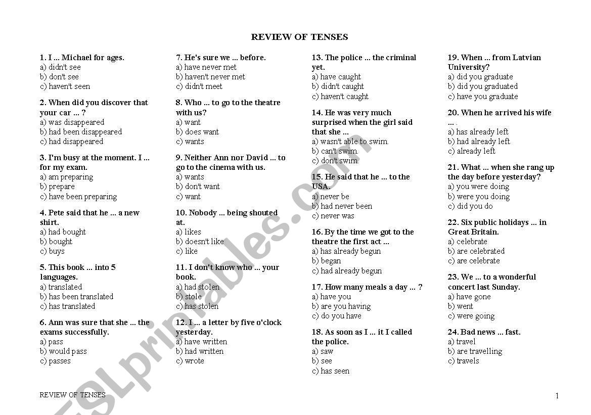 Review of tenses worksheet