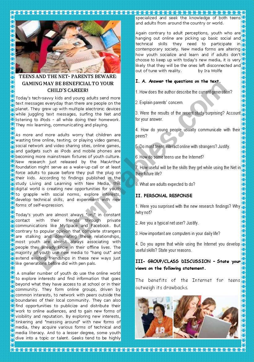 TEENS AND THE NET- PARENTS BEWARE: GAMING MAY BE BENEFICIAL TO YOUR CHILDâ€™S CAREER!  -+SPEAKING                    