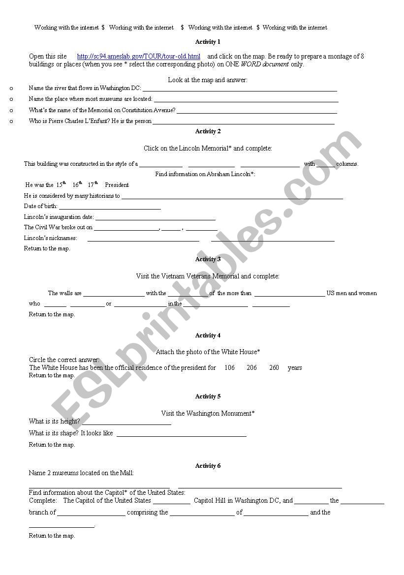 Washington D.C. webquest worksheet