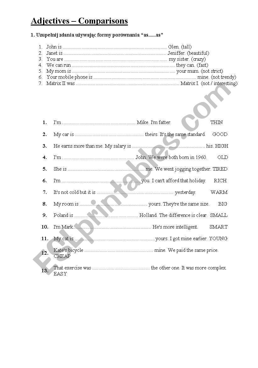 Adjectives comparison worksheet