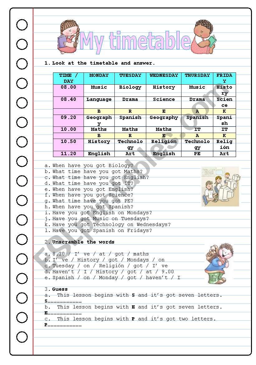 MY TIMETABLE worksheet