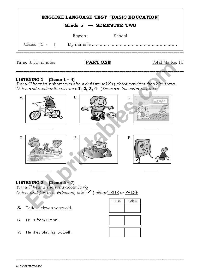 grade five final exam worksheet